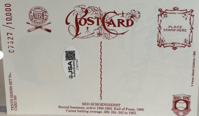 Red Schoendienst Autographed Perez-Steele Postcard 10th Series Card #203 - JSA COA - Latitude Sports Marketing