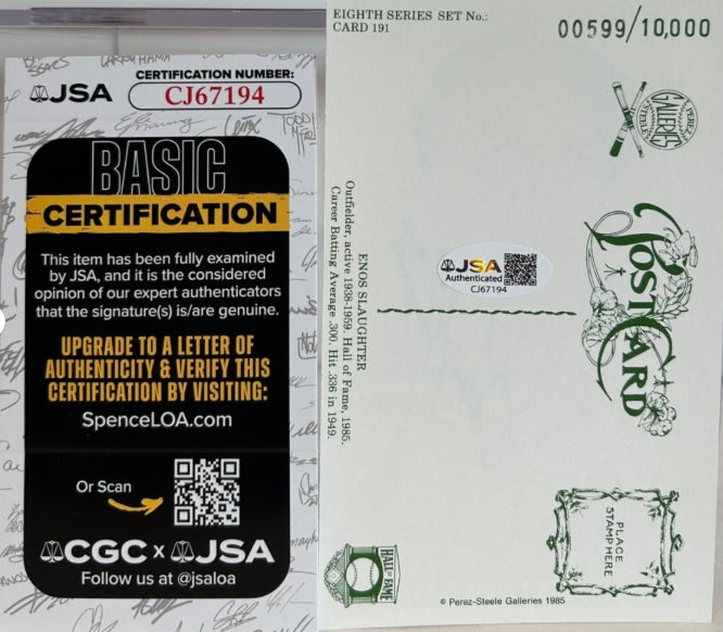 Enos Slaughter Autographed Cardinals Perez-Steele 8th Series Card #191 JSA COA - Latitude Sports Marketing