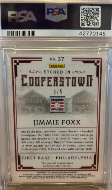 2015 Panini Etched in Cooperstown Jimmie Foxx #37 Gem Emerald PSA MINT 9