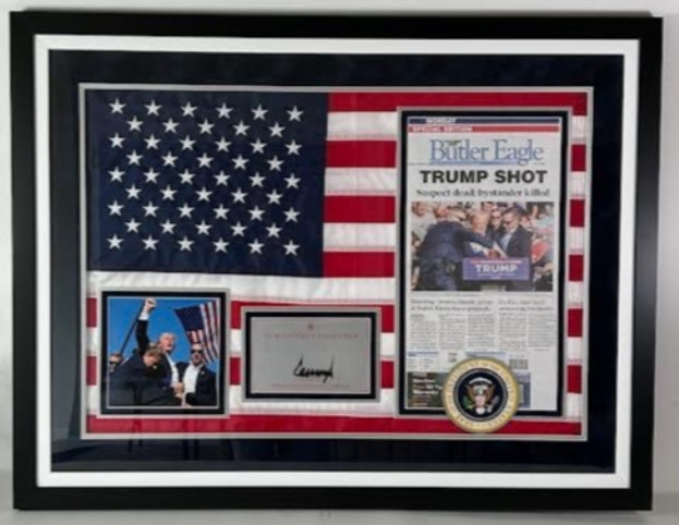 Donald J. Trump Framed Collage w/ Flag & Photos and Butler Eagle w/Fax Signature