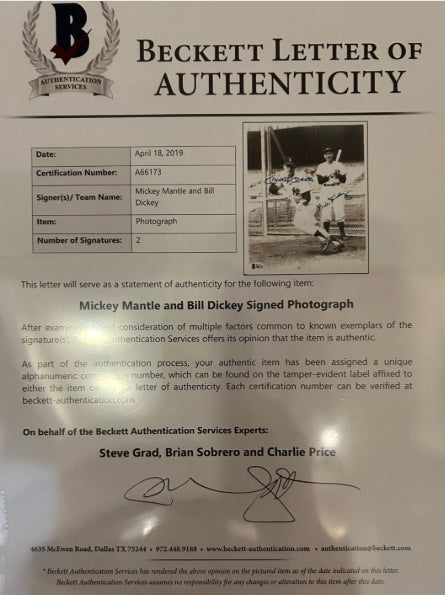 Mickey Mantle, Bill Dickey Autographed 8x10 Framed Photo Beckett COA - Latitude Sports Marketing