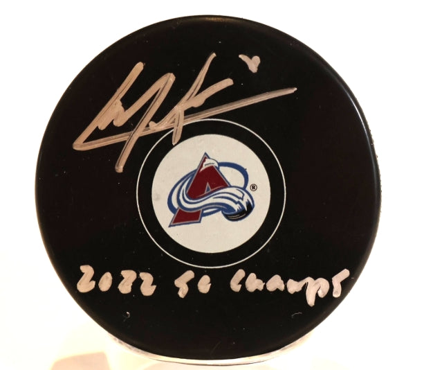 Cale Makar Autographed/Inscribed "2022 SC Champs" Avalanche Logo Puck - Fanatics