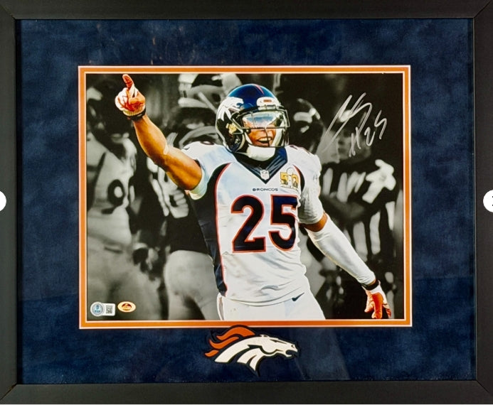 Chris Harris Jr. Autographed 11x14 Photo Super Bowl 50 Framed 21.5x17.5 BAS COA