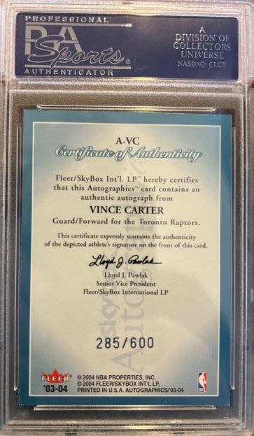 2003 Vince Carter SKYBOX AUTOGRAPHICS INSERT #A-VC VINCE CARTER 285/600 PSA NM 7