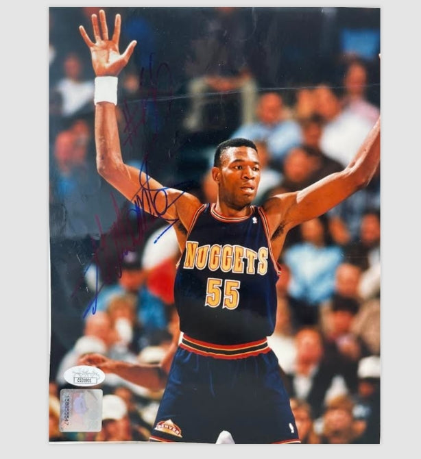 Dikembe Mutombo Autographed Denver Nuggets Navy Jersey 8x10 Photo JSA COA