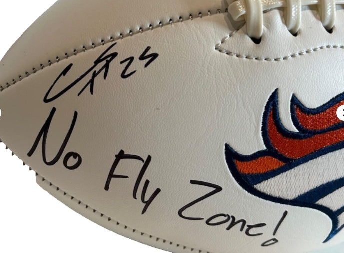 Chris Harris Jr. & Aqib Talib Dual-Signed Denver Broncos White Panel Football – Inscribed "No Fly Zone" w/ 3 SB Logos | BAS COA - Latitude Sports Marketing