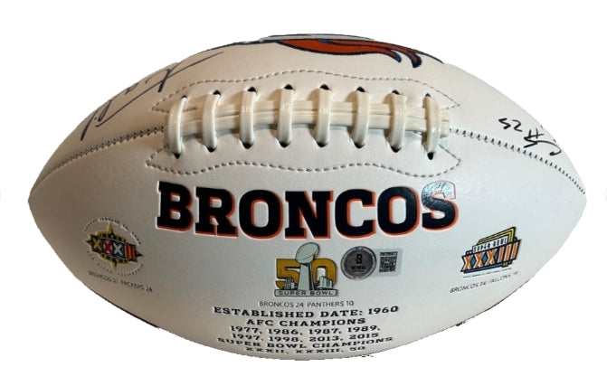 Chris Harris Jr. & Aqib Talib Dual-Signed Denver Broncos White Panel Football – Inscribed "No Fly Zone" w/ 3 SB Logos | BAS COA - Latitude Sports Marketing