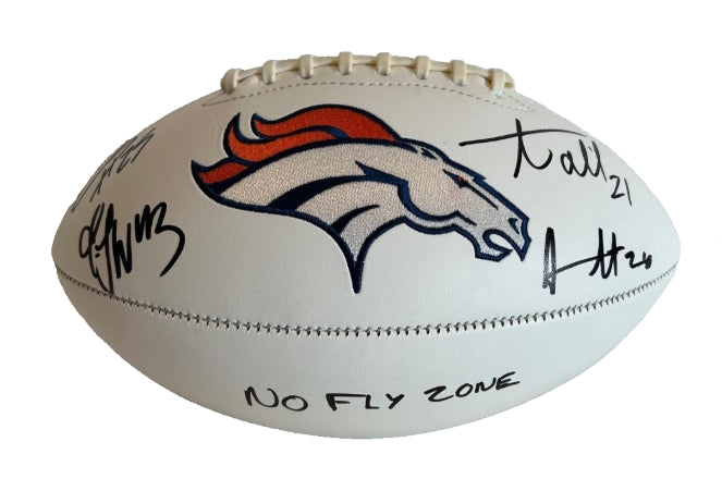 Denver Broncos "No Fly Zone" 4x Signed White Panel Football w/ Super Bowl Logos – BAS COA | Harris, Talib, Ward, Stewart - Latitude Sports Marketing