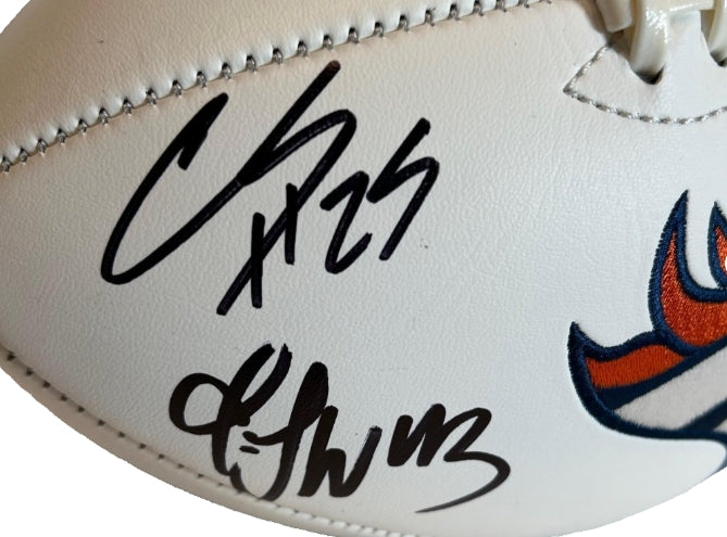 Denver Broncos "No Fly Zone" 4x Signed White Panel Football w/ Super Bowl Logos – BAS COA | Harris, Talib, Ward, Stewart - Latitude Sports Marketing