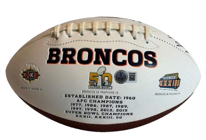Denver Broncos "No Fly Zone" 4x Signed White Panel Football w/ Super Bowl Logos – BAS COA | Harris, Talib, Ward, Stewart - Latitude Sports Marketing