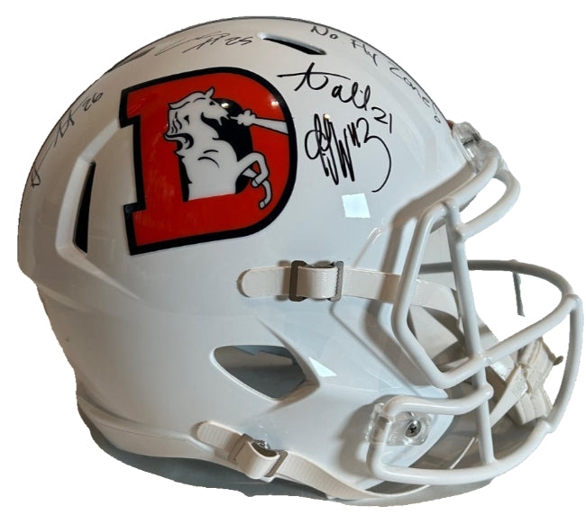 "No Fly Zone" 4x Autographed Denver Broncos Snowcapped Replica Helmet – BAS COA - Latitude Sports Marketing