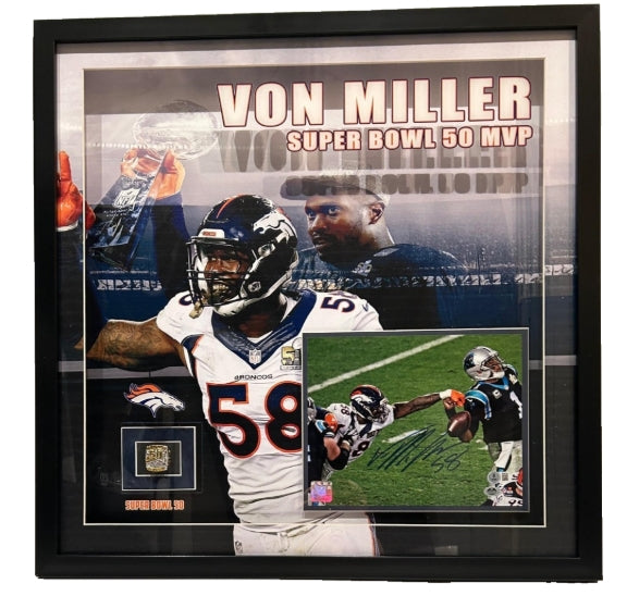 Von Miller Autographed LED Lighted Shadowbox Collage – Super Bowl 50 Strip Sack Photo & Replica Championship Ring (BAS COA) - Latitude Sports Marketing