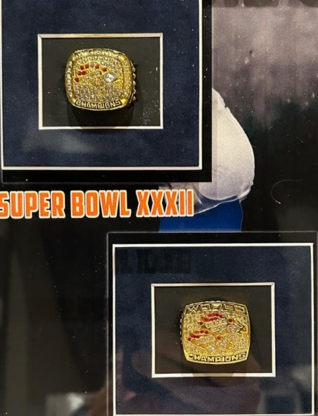 John Elway & Terrell Davis Autographed LED Lighted Shadowbox Collage – Super Bowl XXXII & XXXIII Replica Rings - Latitude Sports Marketing