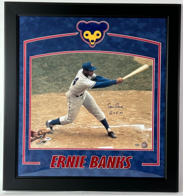 Ernie Banks Autographed 'HOF 77' 16x20 Photo - Deluxe Framed PSA/DNA COA