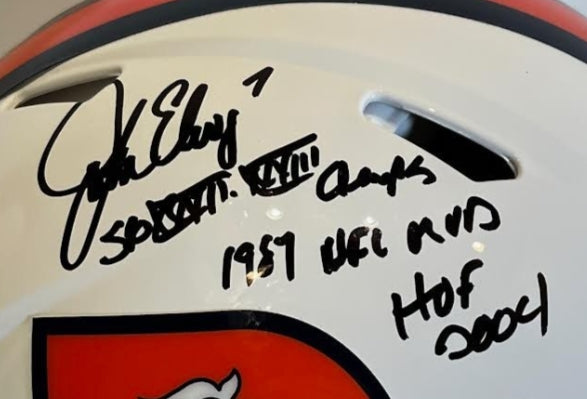 John Elway Autographed Triple Inscribed Snowcapped Broncos Helmet BAS COA - SB XXXII/XXXIII, MVP, HOF - Latitude Sports Marketing