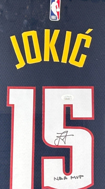 Nikola Jokic Autographed/Inscribed 'NBA MVP' Navy Denver Nuggets Jersey - Deluxe Framed JSA COA