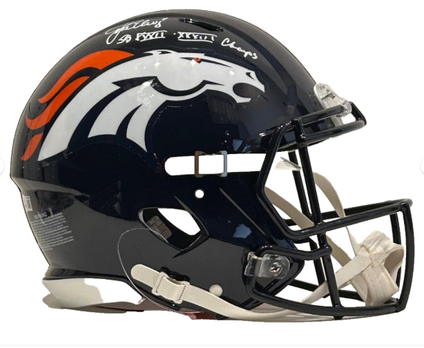John Elway Autographed/Inscribed "SB XXXII & XXXIII Champs" Pro Speed Helmet BAS COA - Latitude Sports Marketing