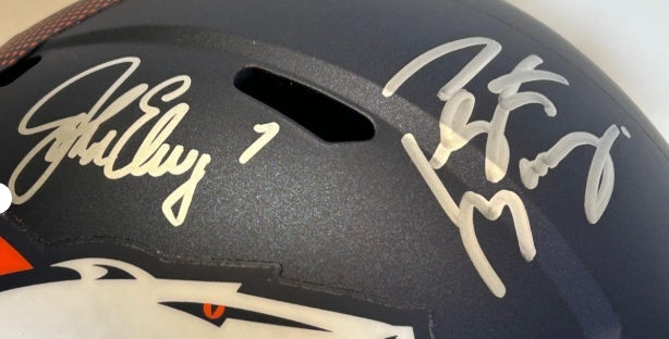 John Elway & Peyton Manning Dual Autographed Broncos Replica Helmet BAS COA & Fanatics COA - Latitude Sports Marketing