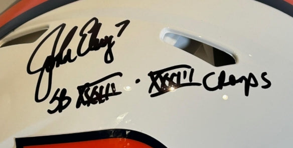 John Elway Autographed/Inscribed "SB XXXII & XXXIII Champs" Pro Snowcapped Helmet BAS COA - Latitude Sports Marketing