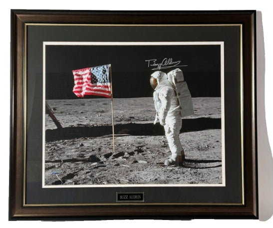 Buzz Aldrin Autographed 16x20 Lunar Landing with U.S. Flag Photo PSA/DNA COA