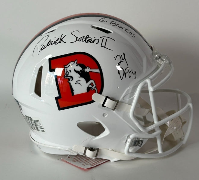 Patrick Surtain II Autographed/2X Inscribed "24 DPOY" and "Go Broncos" Pro Snowcapped Broncos Helmet BAS COA