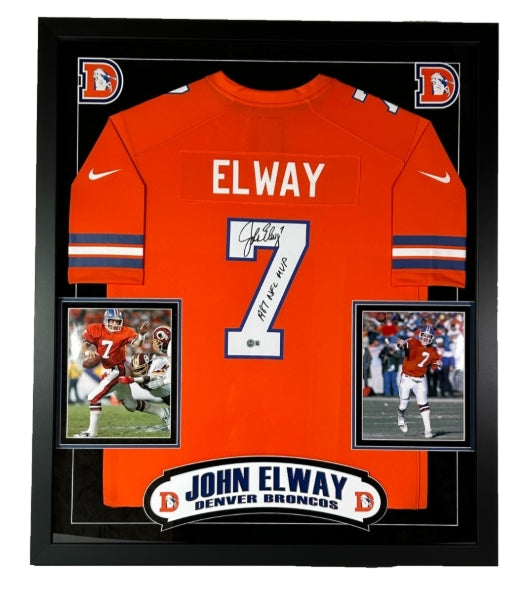 John Elway Autographed/Inscribed "1987 NFL MVP" Deluxe Framed Nike Broncos Jersey BAS COA