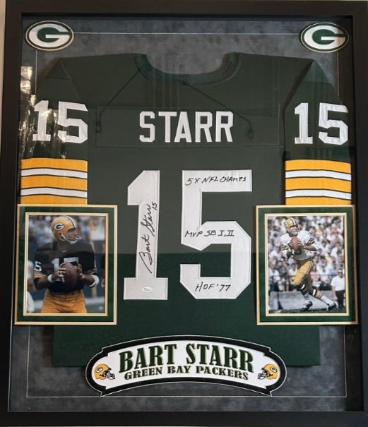 Bart Starr Autograph/Inscribed Deluxe Framed (34"Wx40"H) Packers Jersey- JSA COA