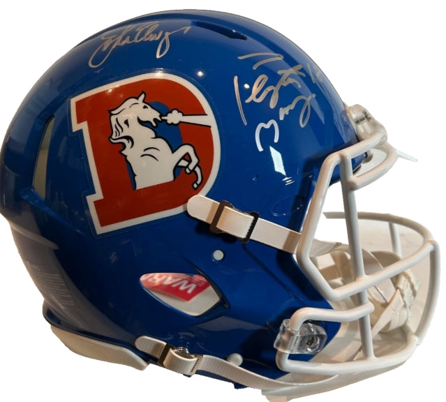 John Elway & Peyton Manning Dual Signed Broncos Throwback Helmet – Fanatics COA