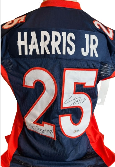 Chris Harris Jr. Autographed & Inscribed "SB 50 Champs" NAVY Jersey – BAS COA (XL)