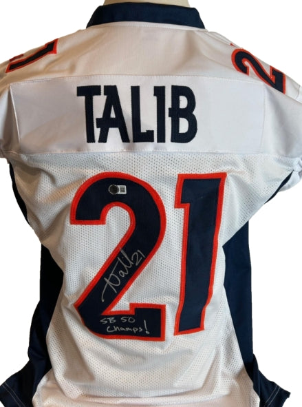 Aqib Talib Autographed & Inscribed "SB 50 Champs!" WHITE Custom Jersey – BAS COA