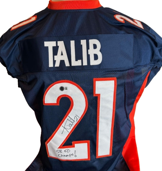 Aqib Talib Autographed & Inscribed "SB 50 Champs!" NAVY Custom Jersey – BAS COA (XL)