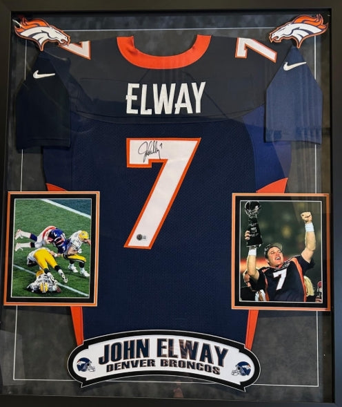 John Elway Autographed Nike Broncos Navy Jersey Deluxe Framed 34"Wx40"H BAS COA with Super Bowl XXXII Photos - Latitude Sports Marketing