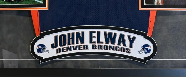 John Elway Autographed Nike Broncos Navy Jersey Deluxe Framed 34"Wx40"H BAS COA with Super Bowl XXXII Photos - Latitude Sports Marketing