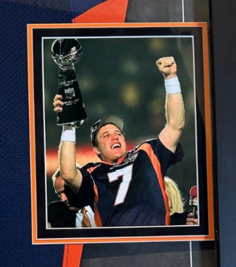 John Elway Autographed Nike Broncos Navy Jersey Deluxe Framed 34"Wx40"H BAS COA with Super Bowl XXXII Photos - Latitude Sports Marketing