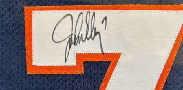 John Elway Autographed Nike Broncos Navy Jersey Deluxe Framed 34"Wx40"H BAS COA with Super Bowl XXXII Photos - Latitude Sports Marketing
