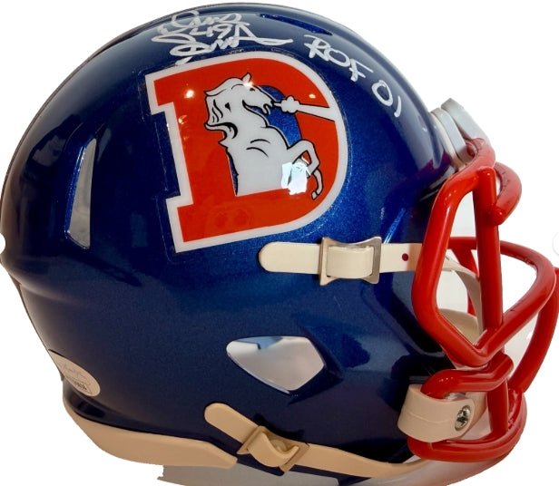 Dennis Smith Autographed Denver Broncos Blue Metallic Orange Mask Mini Helmet - Inscribed 'ROF '01' - JSA Certified