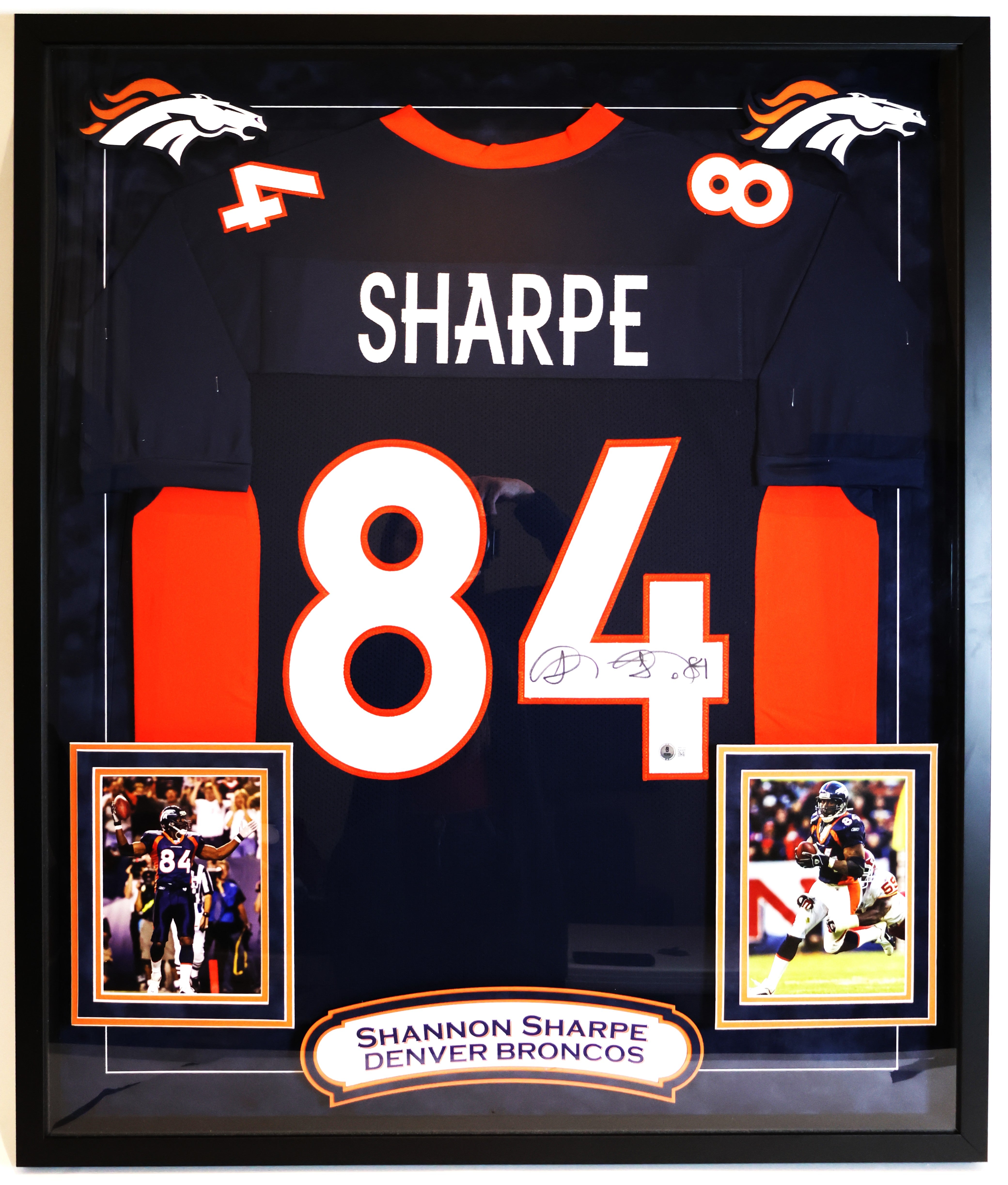 Shannon Sharpe Autographed Custom Navy Broncos Jersey in Deluxe Frame BAS COA