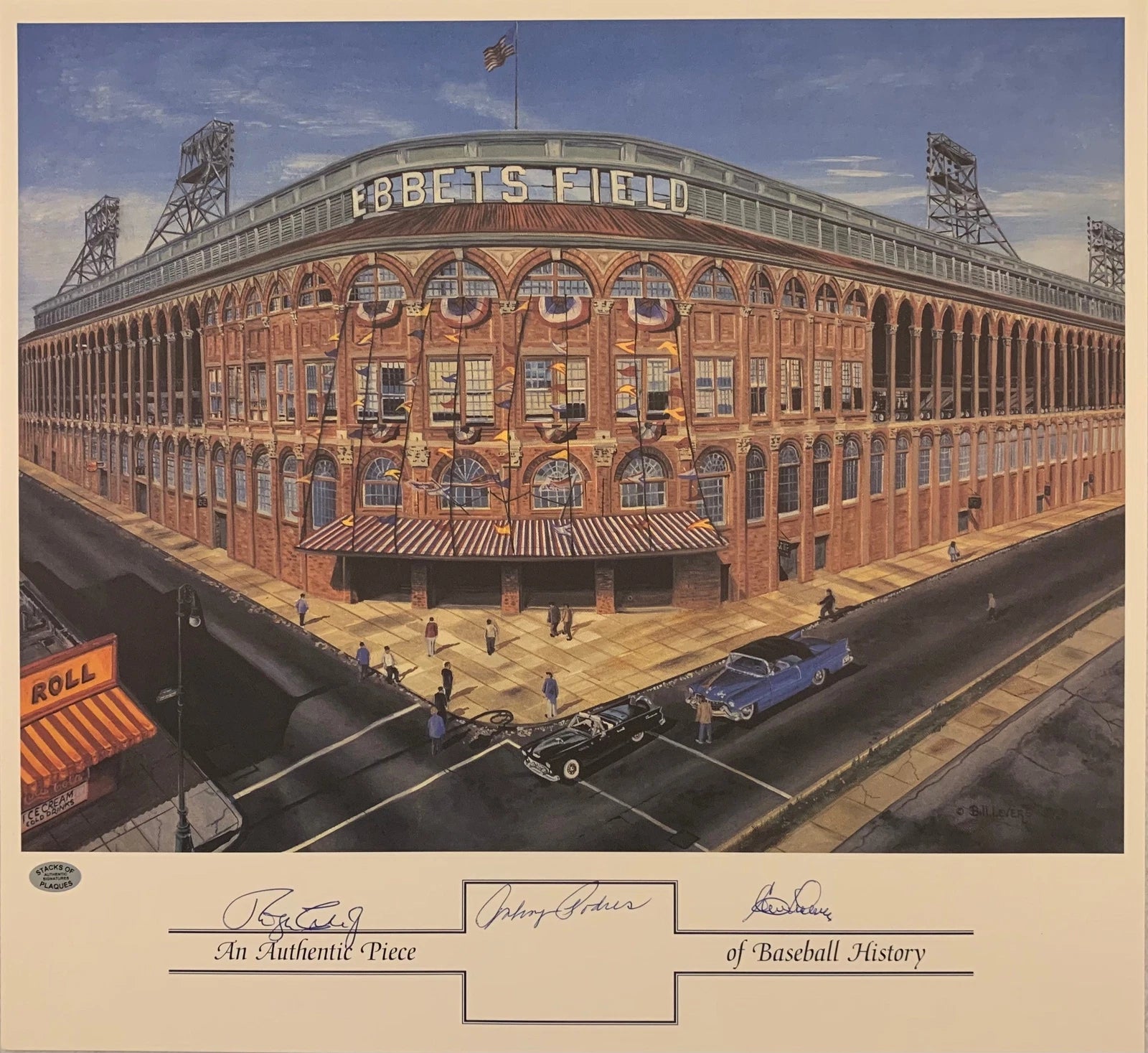 Ebbets Field Lithograph Signed by Roger Craig, Clem Labine & Johnny Podres | Brooklyn Dodgers