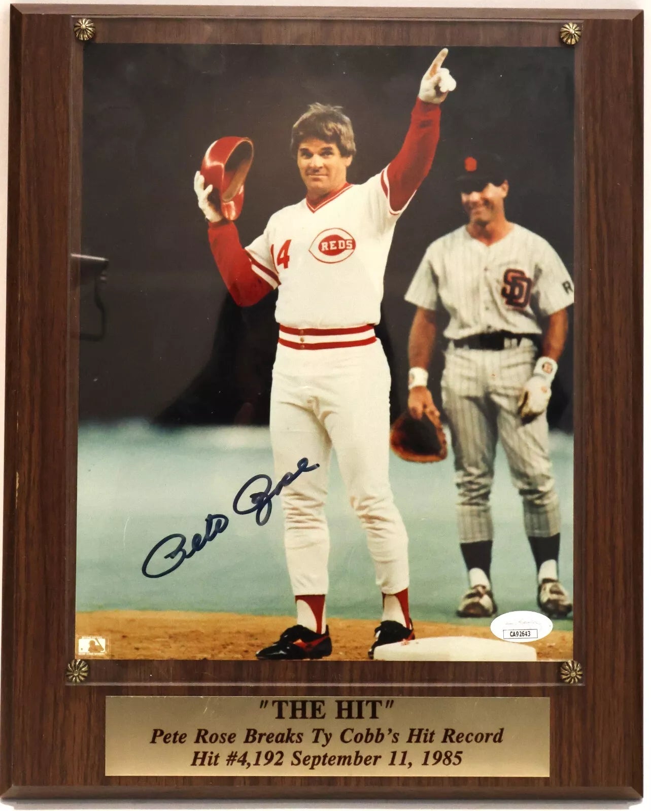 Pete Rose Autographed 8x10 Photo with "The Hit" Plaque JSA COA