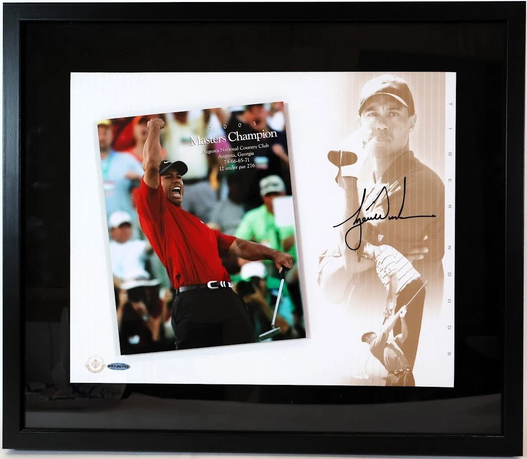 Tiger Woods Autographed 2005 Masters 11x14 Photo with Magazine – Framed Display – UDA COA