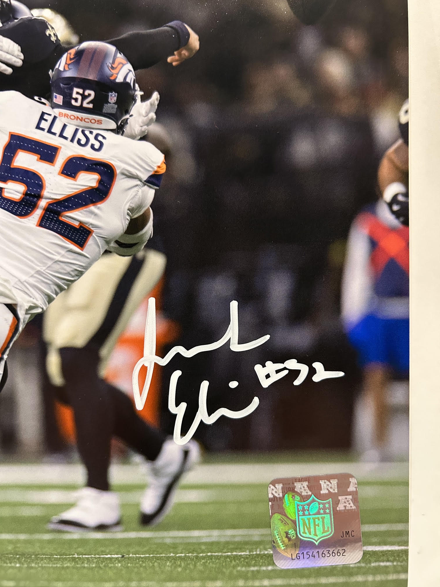 Jonah Elliss Autographed Broncos 8x10 Photo (Road White-QB Breakup) BAS COA
