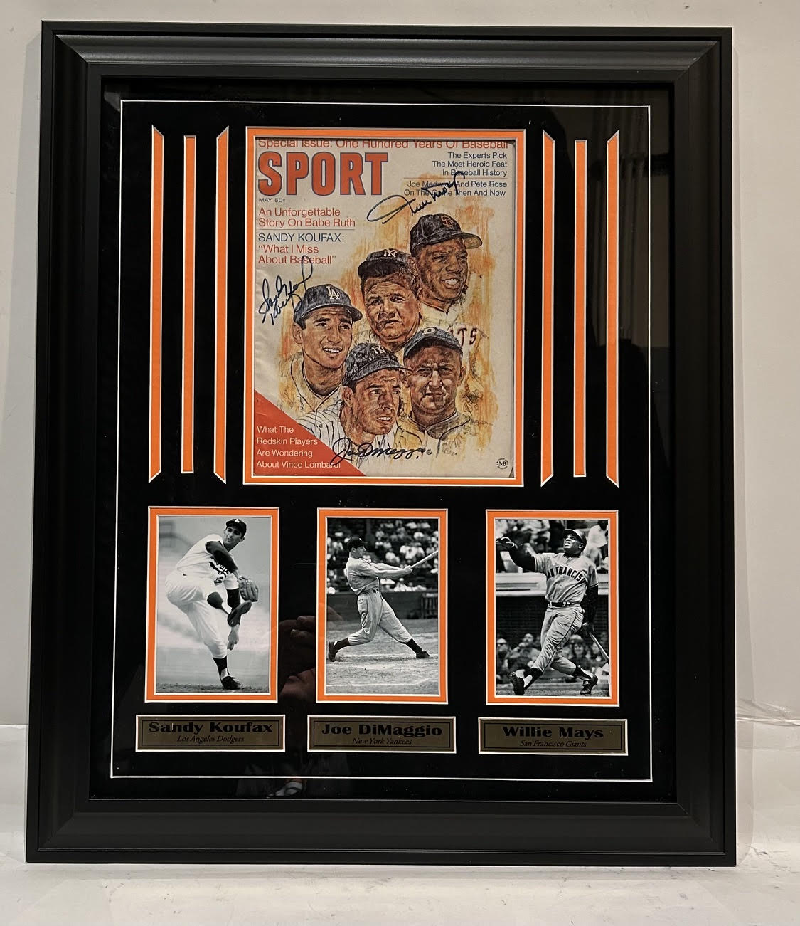 Sandy Koufax, Joe DiMaggio & Willie Mays 3X Autographed 1969 Sport Magazine Cover JSA LOA Framed Collage