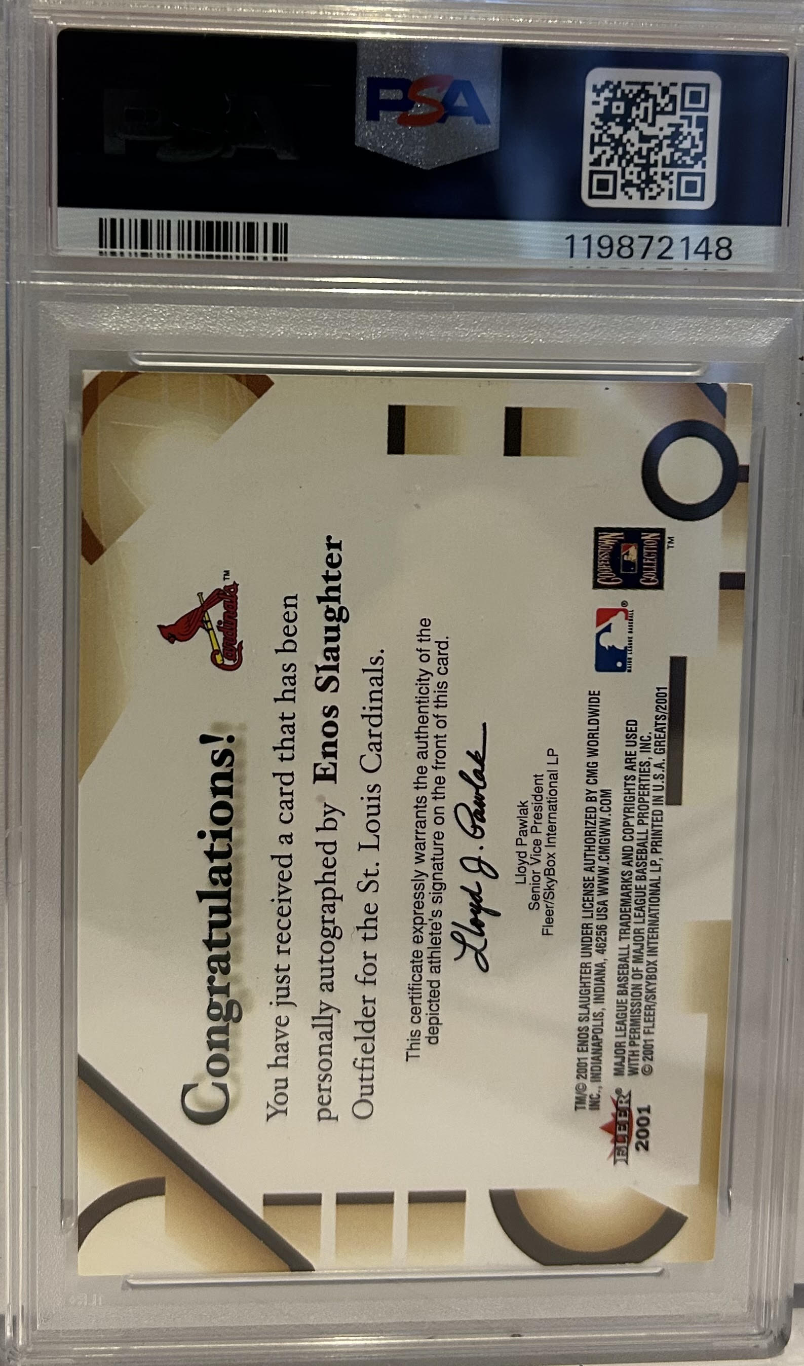 2001 Fleer Greats Enos Slaughter Mint 9 Autographed Auto 9 PSA/DNA Cert