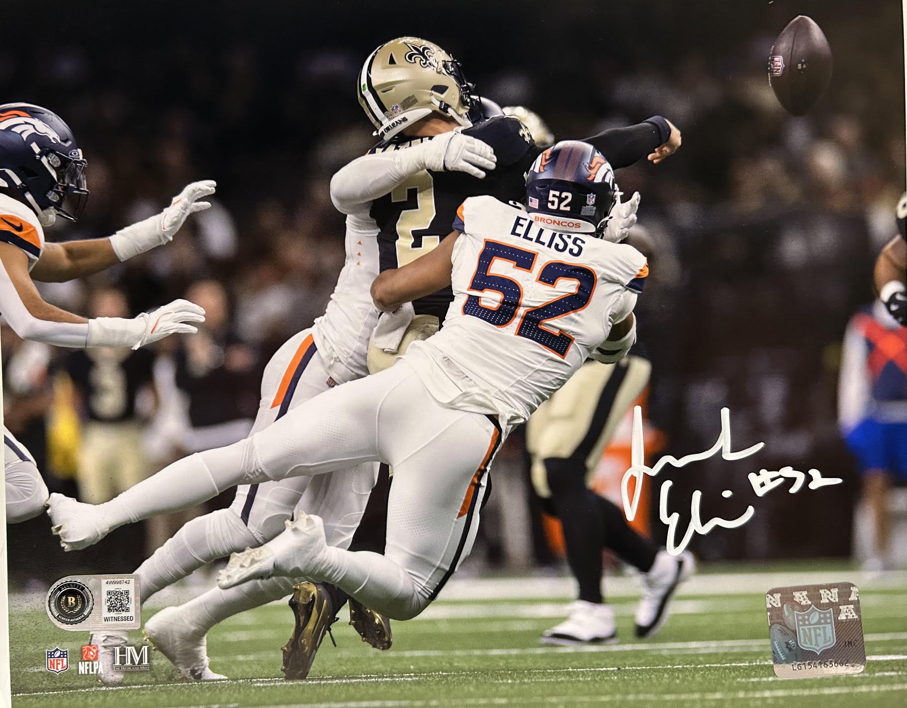 Jonah Elliss Autographed Broncos 8x10 Photo (Road White-QB Breakup) BAS COA