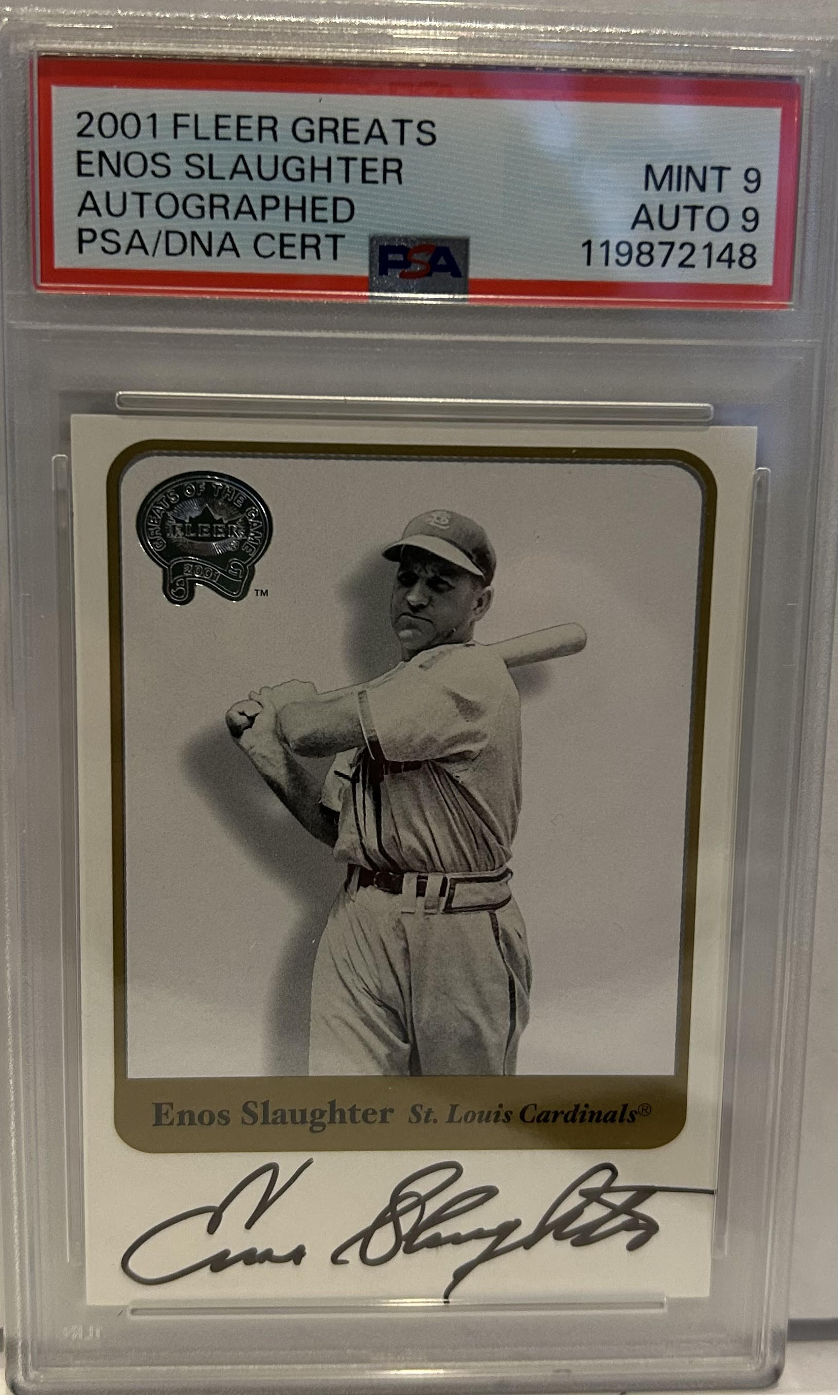 2001 Fleer Greats Enos Slaughter Mint 9 Autographed Auto 9 PSA/DNA Cert