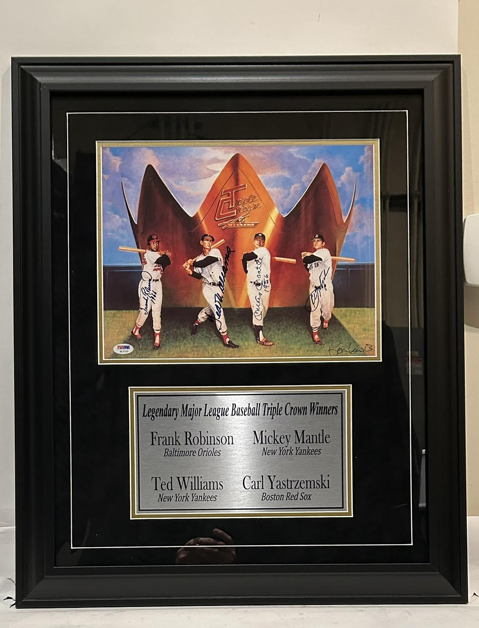 Triple Crown Winners (Robinson, Williams, Mantle, Yastrzemski) Autographed 11x14 Lithograph Framed (23"W x 28"H) PSA LOA