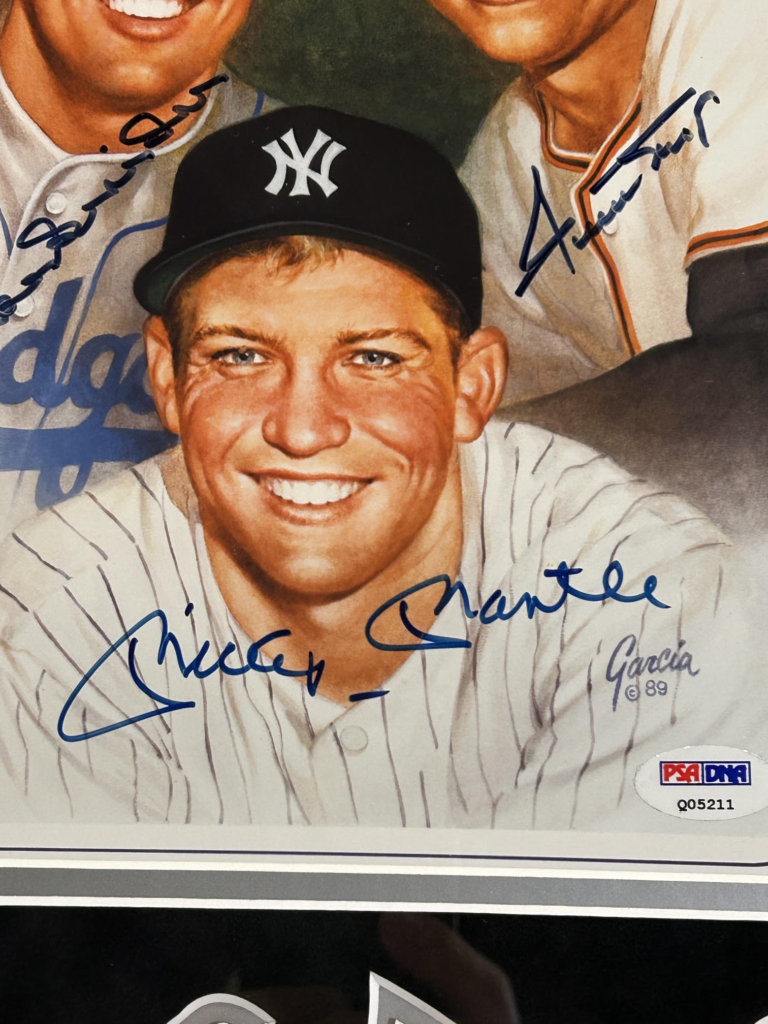 Duke Snider, Willie Mays & Mickey Mantle Triple-Signed 8x10 Lithograph — Custom Framed | PSA LOA