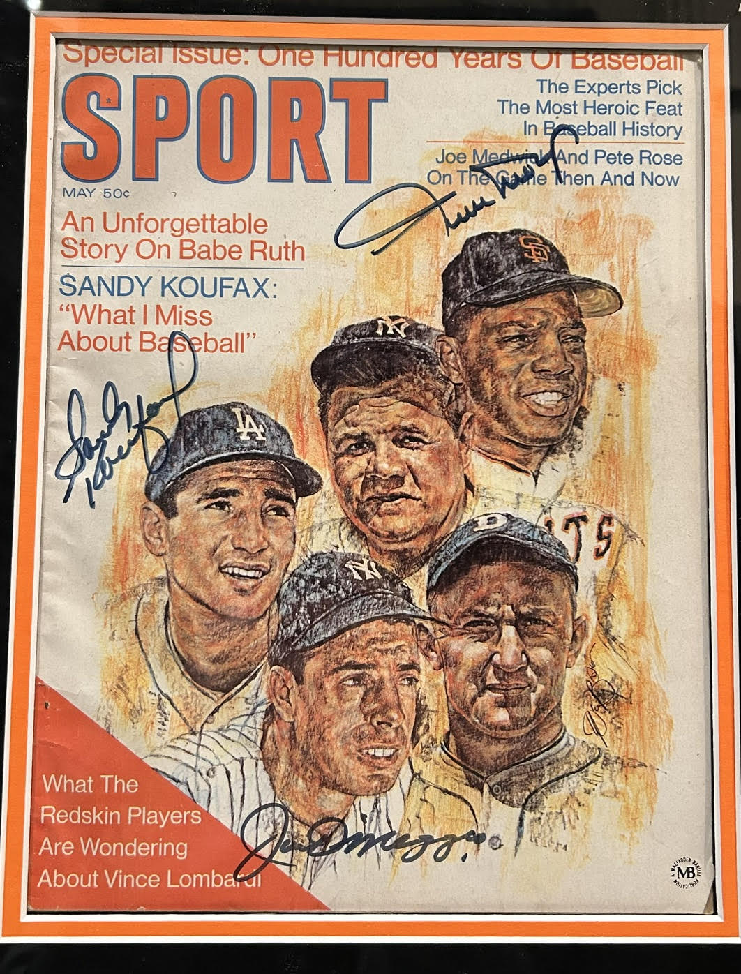 Sandy Koufax, Joe DiMaggio & Willie Mays 3X Autographed 1969 Sport Magazine Cover JSA LOA Framed Collage