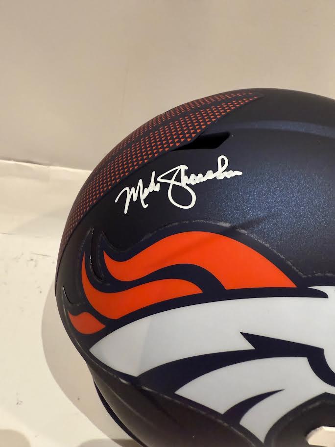 Mike Shanahan Denver Broncos Autographed Navy Replica Helmet SB XXXII SB XXXIII Inscriptions - Latitude Sports Marketing