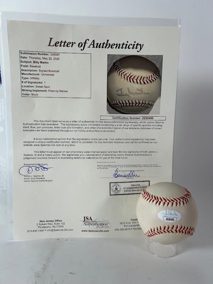 Billy Martin Autographed Baseball - JSA Letter of Authenticity
